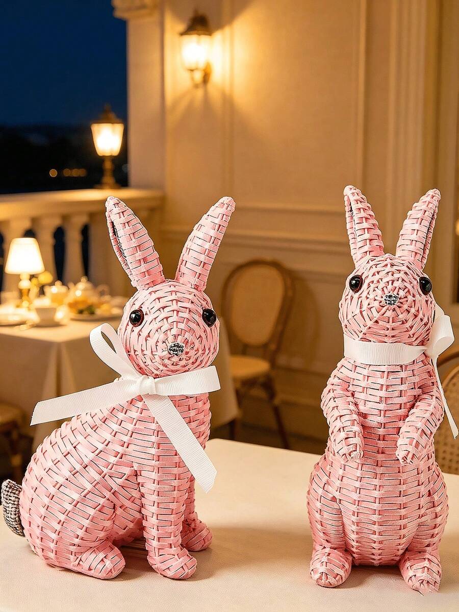 1pc Resin Woven Rabbit Statue With White Ribbon - Rustic Farmhouse Style Living Room, Coffee Table And Bookshelf Decor. This Charming Woven Texture Rabbit Statue Adds A Warm And Natural Atmosphere To Your Home. Perfect For Spring, - B - View 1