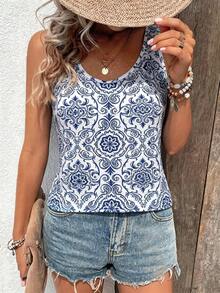 蓝白图案印花女士常规吊带背心，夏季白色无袖粗肩带背心，宽松版型背心，度假背心，休闲背心，户外背心 - 藏蓝色 - 查看 3