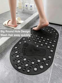 1PC [Popular Choice] Non-Slip Oval PVC Shower Mat With Drain Holes And Suction Cups, Solid Color Bath Rug For Shower Room, Hotel, Toilet, Bathtub - Essential Bathroom Accessories - Black - View 2
