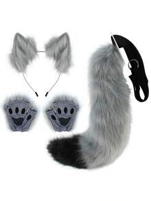Bộ phụ kiện hóa trang cáo 3 món: Băng đô tai sói giả, đuôi, bọc chân, đạo cụ hóa trang Halloween. - A - Xem 14