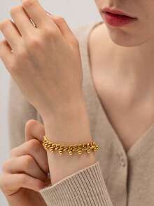 VJS 1 pieza Pulsera delicada de acero inoxidable hipoalergénico con cadena de eslabones y cuentas, diseño exclusivo, adecuado para uso diario, citas, regalo o uso personal - Amarillo - Ver 6