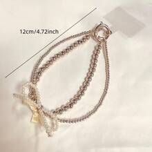 1条奢华双层珍珠蝴蝶结手机挂绳，法式优雅防丢手机链，多功能包包钥匙扣挂饰 - 白色 - 查看 2