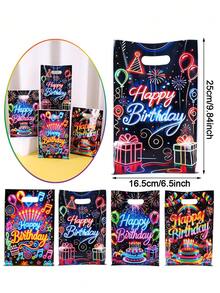 10/20/50入 螢光禮品袋 霓虹生日快樂塑膠提袋包裝袋 附手把 適合生日派對主題慶祝 螢光超市派對禮品袋 零售購物袋 - 螢光 - 查看 4