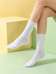 1 đôi/5 đôi tất cotton trơn màu, dài đến bắp chân, thích hợp cho nữ, thoáng khí, mềm mại, thoải mái, màu đen trắng, phù hợp để mặc hàng ngày, ở nhà, văn phòng, trường học, thể thao. - trắng - Xem 9
