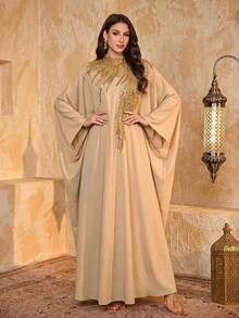 SUPGIR Women's Stand Collar Batwing Sleeve Sequin Patchwork Silk Satin Elegant Fitted Evening Dress Spring - Champagne - View 1