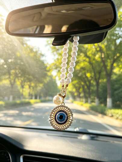 1pc Pearl Chain Circular Devil's Eye Pendant Car Rearview Mirror Suspension Decoration Interior Decoration Accessories