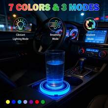 JELLOO 2入 7色變色 LED 車用杯架燈，180mAh USB 充電式防水發光杯墊，汽車內飾配件 - 通用款-發光 - 查看 6