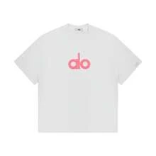 Alo Yoga Classic Logo Short-Sleeved T-Shirt, White And Pink Color Blocking, Heavyweight Pure Cotton, Loose Fit, Unisex Casual Top, Suitable For Couples. - Xem 5