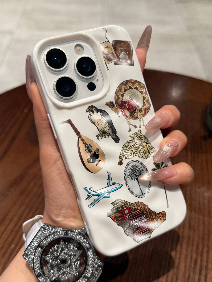 1 pieza Funda de teléfono estilo árabe de Oriente Medio compatible con iPhone 17/16 Pro Max/15 Plus/14 Pro, material TPU brillante arrugado, estilo exótico INS, impresión de pegatina con elementos árabes, protección de Body completo, recortes precisos - Blanco - Ver 1