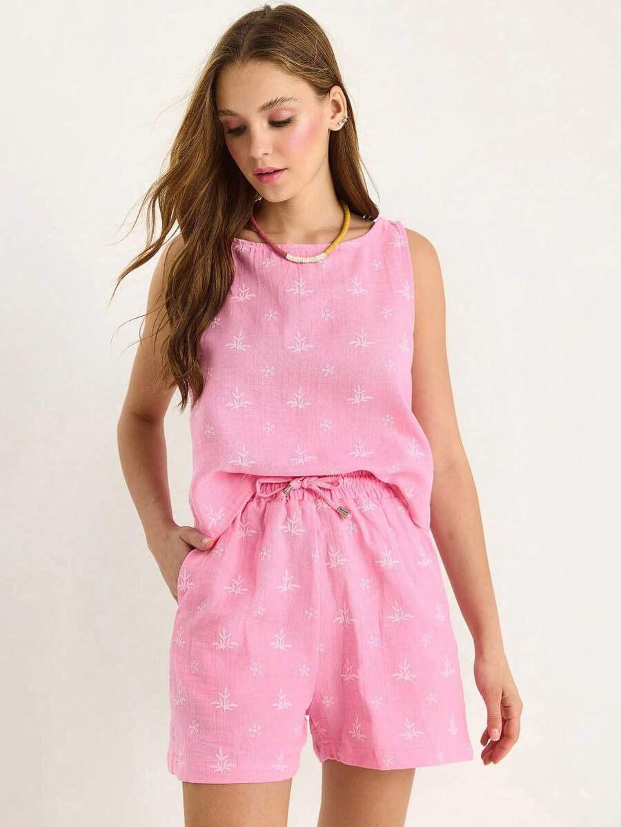 Women's Ladies Solid Color Top And Shorts Set Perfect For Vacation/Leisure - Pink - View 1