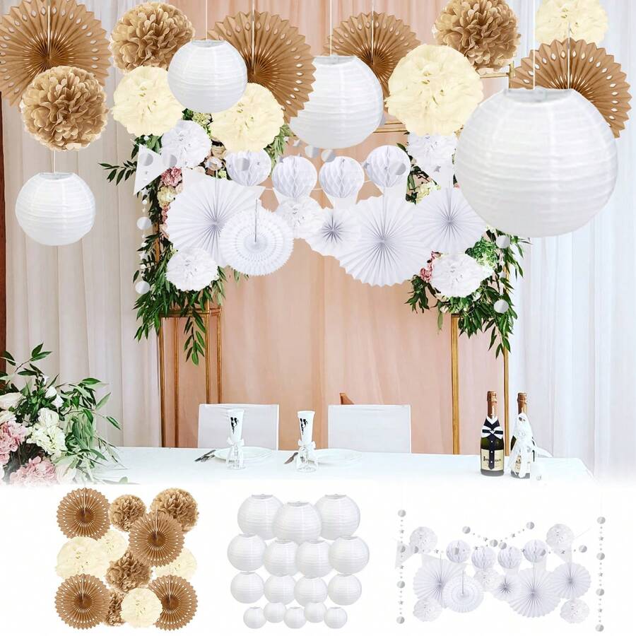 APODESS Papier-Hängedekorationen Set, Weißes Papier Hängende Papierlaternen mit Papierblumen Fächer Girlande für Boho Hochzeits-Dekoration, Geburtstag Party Deko-Mehrteiliges Party-Geschenkset - Übersicht 1