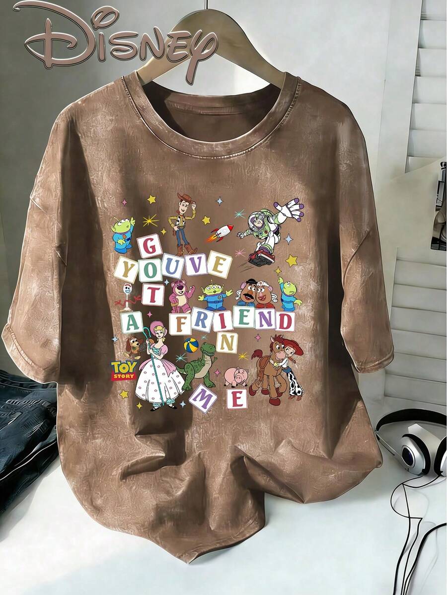 Disney Toy Story You've Got A Friend In Me Vintage Washed Brown Oversized Cotton T-Shirt, Extra Large Baggy Fit Tee For Family, Toy Story Fan Top - 咖啡棕 - 查看 1