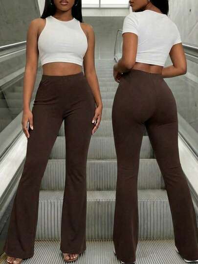 Quần ống loe ôm sát eo trung bình màu trơn dành cho nữ mùa hè xuân, quần nữ, trang phục đi nghỉ mát cho nữ, quần áo mùa hè, trang phục mùa hè cho nữ, quần ống rộng, quần công sở, quần ống loe cho nữ, trang phục đi xem hòa nhạc đồng quê.