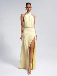 Elegant Yellow Halter Ruched Waist Backless Maxi Dress, Perfect For Wedding Party, Beach Vacation, Going Out Wear, Summer Party, Graduation - Yellow - View 8