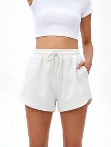 High Waisted Drawstring Athletic Shorts With Pockets, Comfortable Casual Workout Running Fitness Shorts For Women - 白色 - 查看 3