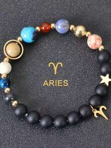 1pc 8 Planets 12 Constellations Bracelet Women & Men, Natural Stone System Bracelet, Libra Virgo Leo Gold Zodiac Pendant Chain, Valentine Jewelry Couple Fathers Day School Jewelry Men Y2k Accessories Goth Men's Chains Jeans Accessories Gothic Jewellery Back To School Street Halloween Accessories Punk - màu đen - Xem 13