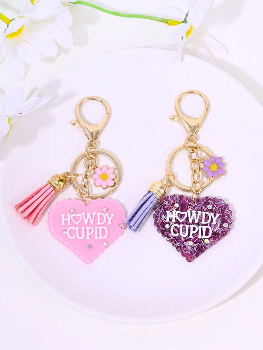 1pc/2pcs Fashion Rhinestone Glitter "HOWDY CUPID" Heart Flower Tassel Keychain, Bag Charm, Car Key Chain, Couples Gift, Valentine''s Day, Mother''s Day - Multicolor - View 1