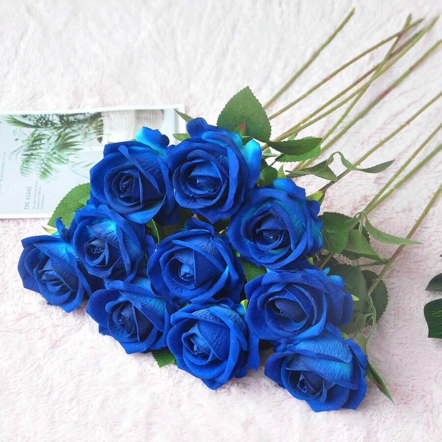 3 pièces Roses artificielles, fleurs artificielles de roses, roses fausses pour la décoration, bouquets de mariage DIY, centres de table, décorations, décorations pour baby shower, douche nuptiale, Saint-Valentin, décorations pour la maison - bleu indigo - Voir 1