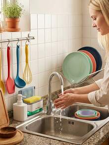 5-In-1 Kitchen Soap Dispenser Set, Includes Tray, Double Soap Dispenser, Sponge Holder, Dish Rack, Soap Dish - Practical Kitchen Organizer (Towel Not Included) - A - View 5