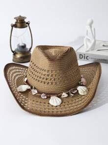 1pc Unisex Shell Decor Dyeing Printed Adjustable Wide Brim Hand Woven Summer Hollow Out Travel Shade Handmade Cowboy Hat Cowgirl Hat Windproof Rope Breathable With Beaded Trim Band Sun Hat Beach Hat Straw Hat - 卡其色 - 查看 6