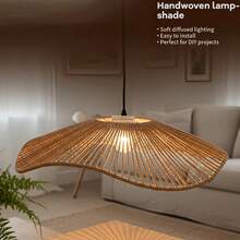 Handmade Woven Lamp Shade, Rustic Bohemian Style Ruffled Lamp Shade Suitable For Living Room, Dining Room And Bedroom Ceiling Decor, Rattan Craft Retro Lamp Shade (Bulb Not Included), Minimalist Packaging Design, Craftsmanship - Round - View 2