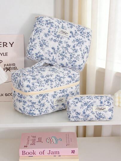 1 pièce/set Sac de maquillage floral bleu. Ensemble de sacs de maquillage de grande capacité, sac de rangement multifonctionnel portable avec fermeture éclair pour cosmétiques, soins de la peau, crème à mains, crème solaire, vernis à ongles, bijoux, écouteurs, petits articles. Cadeau pour la fête des mères, cadeau de demoiselle d'honneur, cadeau d'anniversaire, cadeau pour ami, cadeau de la Saint-Valentin. Sac de maquillage, trousse de toilette, accessoires de voyage essentiels pour croisière