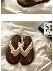 Women Summer Flat Sandals Open Toe Tassel Decor Soft PU Rubber Outsole Casual Vacation Footwear - Beige - View 7