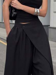 Women's High Waist Wide Leg Pants, Gothic/Japanesque Style, Loose Asymmetrical Cut, Casual Street Fashion, Solid Color Woven Fabric, Button Closure, Suitable For School, Office, Daily Wear, Airport, Spring/Summer Black - 黑色 - 查看 3