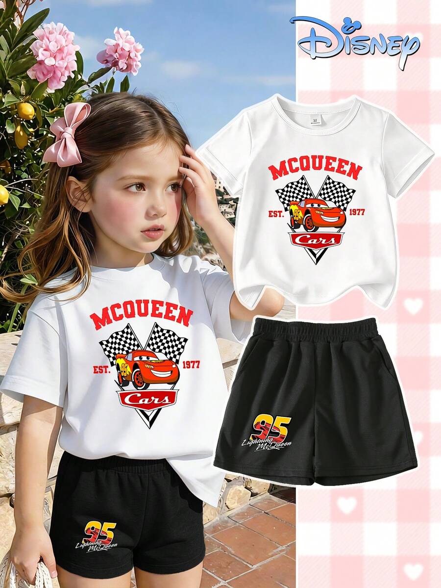Summer Set For Girls: Disney Cars McQueen Print Short-Sleeve T-Shirt + Casual Shorts Two-Piece Set. Sporty And Cool Style, Breathable And Sweat-Absorbent. Suitable For Girls' Daily School And Outings. Suitable For Both Boys And Girls. Children's Summer Casual Set. - 白色 - 查看 1