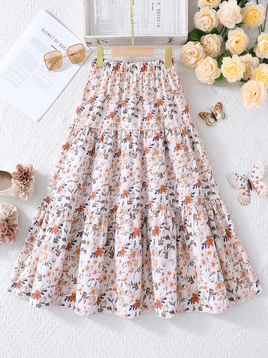Falda casual de niña con estampado de mariposa, verano - Albaricoque - Ver 1