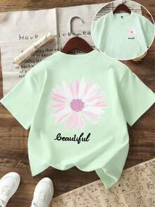 Tween Girl Floral Print Round Neck T-Shirt, Summer Top - Mint Green - View 4