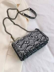 1pc Snake Skin Magnetic Closure Square Shoulder/Crossbody Bag With Chain Strap, Embroidered Solid Color Chain Strap Women's Handbag With Fish Bone Embroidery, Suitable For Work And Dates - Khaki - View 8