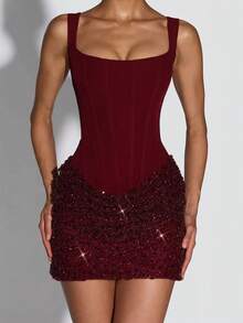 New Luxury Women's Spaghetti Strap Bodycon Sleeveless Mini Dress, Fashion Exquisite Patchwork Herringbone Design, Fitted Bustier Cocktail Party Formal Evening Short Gown - Burgundy - View 1