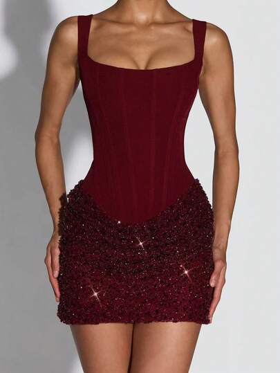 New Light Luxury Women's Camisole Sleeveless Slim Fit Backless Women's Party Mini Dress Fashionable Luxury Heavy Industry Sequin Splicing Fishbone Thread Design Slim Fit Mini Bandage Dress Wedding Party Women's Formal Dinner Dress Short Skirt