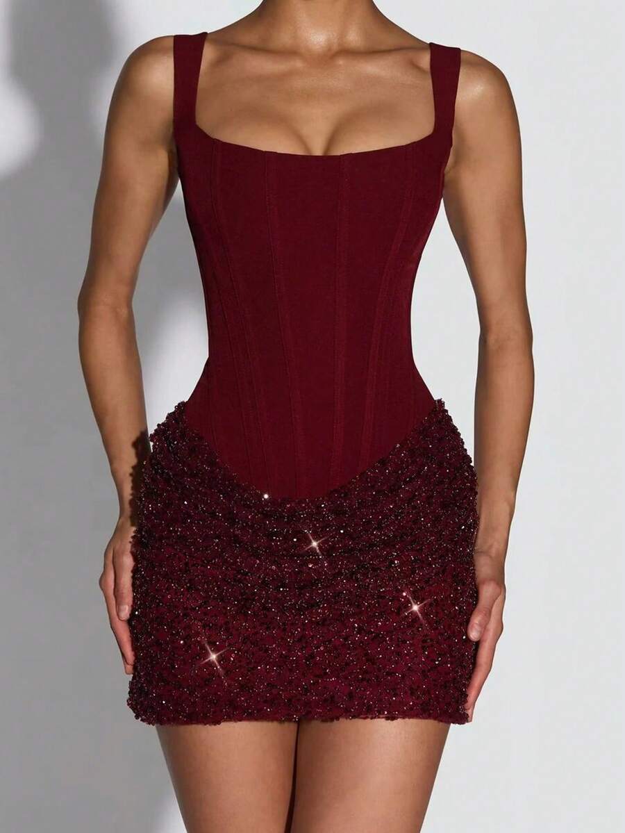 New Luxury Women's Spaghetti Strap Bodycon Sleeveless Mini Dress, Fashion Exquisite Patchwork Herringbone Design, Fitted Bustier Cocktail Party Formal Evening Short Gown - Burgundy - View 1