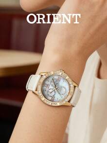 Orient FUT0B006W0 女士奢华石英腕表，玫瑰金矩形和圆形水晶表圈，白色鳄鱼皮表带，珍珠母贝表盘，日期显示，24 小时制，是婚礼、庆典、派对、豪华宴会的理想礼物。 - 白色 - 查看 3