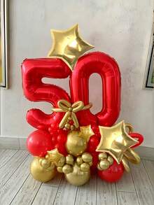 48件套金色和红色生日气球支架套装，包含32英寸红色数字气球、红色和金色乳胶气球、金色星星气球、大号数字气球，适用于生日派对、毕业典礼、周年纪念、派对装饰。 - 多色 - 查看 6