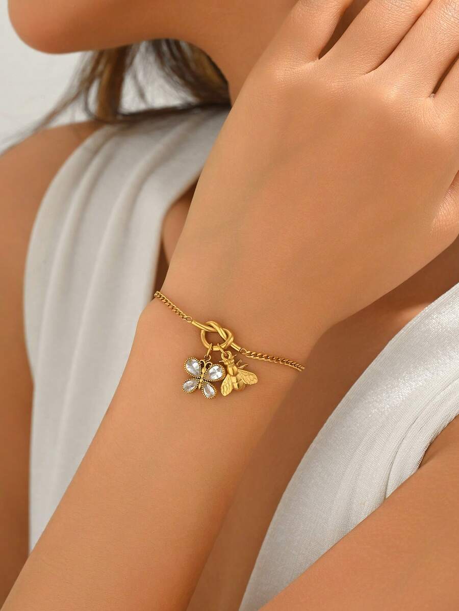 1件装女士金色不锈钢蝴蝶、蜜蜂、心形吊坠手链，时尚饰品，18K镀金 - 金色 - 查看 1