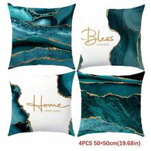 4pcs Peacock Green Agate Stone Gilded Pattern "Bless Home" Cushion Cover Set, Single-Sided Peach Velvet Fabric, 45*45/50*50/40*40CM Pillow Case Suitable For Modern Minimalist Sofa Living Room Decor, Gift, Party Decoration - Multicolor - View 13