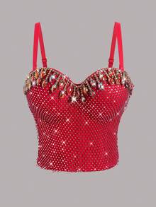 Áo croptop hở lưng đính đá, kim cương và ngọc trai gợi cảm, áo vest ôm sát tôn dáng cao cấp đa năng dành cho nữ. - Đỏ - Xem 6