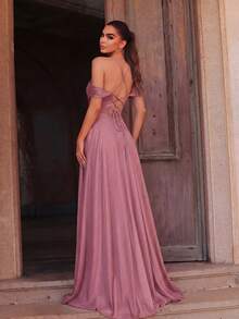 Vestido elegante de dama de honor con hombros abiertos, con lazo ajustable en la espalda, vestido amplio y fluido | Adecuado para bodas, galas, fiestas de Cannes y ocasiones formales de lujo, así como para atuendos de fiesta y vacaciones de verano - Rosa vieja - Ver 2