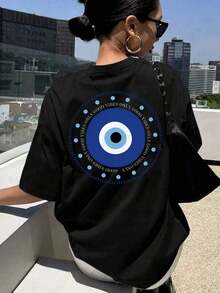 CHICLY19 100% Cotton Women's Oversized Evil Eye Graphic T-Shirt -  Short Sleeve Oversized Tee With Blue "Good Vibes Only" Circular Evil Eye Print, Spiritual Protection Symbol Design. Loose Fit Soft Cotton Top, All-Season Casual Streetwear For Daily Wear, Vacation, Hangouts, School & Loungewear. Popular Boho Spiritual-Themed Tee, Comfortable Relaxed Fit, Perfect For Teens, Young Adults & Boho Style Enthusiasts.100Cotton - màu đen - Xem 1