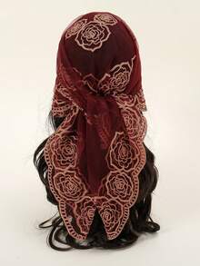 1pc Fashion Women's High-Quality Lightweight Embroidered Floral Bandana Scarf, Suitable For Weddings, Parties, Gatherings, And All Seasons,Holiday,Travel Essential - Burgundy - View 6