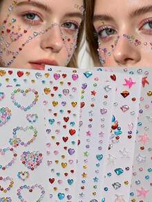约700片彩虹色立体闪亮宝石贴纸，5张亚克力闪亮心形星星贴纸，自粘水钻钻石形状设计，适用于化妆和服装，多色钻石面部宝石，适用于情人节、节日、派对和活动 - 彩色 - 查看 11