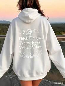 Women's Witchcraft Moon Phase And "Thick Legs Beautiful Eyes Witch Style" Pattern Hoodie - Gothic Font, Crescent Moon Print, Casual Pullover, Suitable - 白色 - 查看 3