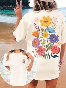 Áo thun nữ kiểu dáng mùa hè mới, họa tiết hoa, cổ tròn, màu mơ, phong cách thường ngày, trang phục đi nghỉ mát cho nữ, áo thun in hình cho nữ. - Màu be - Xem 4