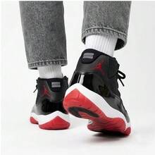 Nike Jordan Air Jordan 11 bred 網布漆皮 季後賽 舒適 耐磨 高筒 復古籃球鞋 男女同款 黑紅白 - 黑紅 - 查看 6