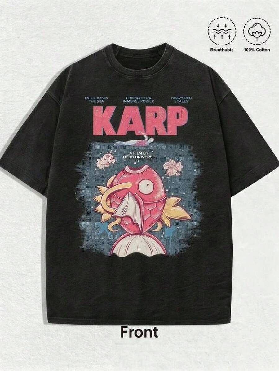 Washed Cotton Graphic Tees, Anime Shirts Men, Camisas Para Mujer, P-Okemon Shirt Clothes, Japanese Anime Baokemeng Magikarp Prints, Vintage Washed Cotton T-Shirts, Y2k Style And American Street Style Can Be Worn By Both Men And Women.Unisex Casual Summer Tops, Streetwear, Men's Shirts, Gifts For Anime Fans - 黑色 - 查看 1