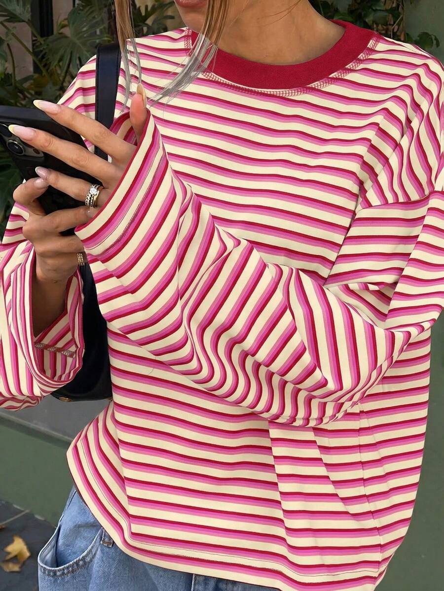 SDNGED Women's Casual Top, Striped Color Block Ribbed Fabric, Everyday Wear, Spring/Autumn
