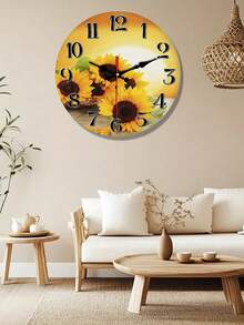 1pc Silent Non-Ticking Clock Round Wall Clock, Decorative For Living Room, Kitchen, Home, Bathroom, Bedroom, Office Or School Sunflowers AA Battery (Not Included) - Multicolor - View 4